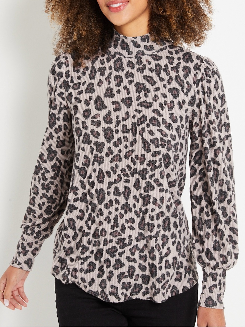 Maurices 24/7 Cozy Leopard Print Mock Neck Top Brown Blouson Sleeve Medium
